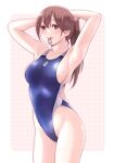  1girl absurdres arms_behind_head blue_one-piece_swimsuit breasts brown_eyes brown_hair collarbone competition_swimsuit cowboy_shot highleg highleg_swimsuit highres long_hair macosee medium_breasts mouth_hold one-piece_swimsuit original rubber_band solo swimsuit 