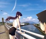  1boy 1girl absurdres black_eyes black_hair black_shorts blue_sky canal cloud day highres j_humbo komi-san_wa_komyushou_desu komi_shouko long_hair outdoors photo_background road shirt short_hair shorts sky sleeveless sleeveless_shirt street tadano_hitohito water 