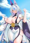  1girl absurdres accidental_exposure animal_ears asymmetrical_bangs azur_lane blue_sky blush breast_curtains breasts bursting_breasts chinese_commentary colored_inner_hair commentary_request curvy ear_covers empty_eyes grey_hair hair_over_one_eye hands_up highres huge_breasts jacket jacket_on_shoulders japanese_clothes kimono large_breasts long_hair looking_at_viewer minuo_songshu motion_blur multicolored_hair nipples obi off_shoulder open_mouth purple_hair rabbit_ears sakuramon sash side_slit single_ear_cover skindentation sky solo streaked_hair thick_thighs thigh_strap thighs underbust unzen_(azur_lane) very_long_hair w_arms wardrobe_malfunction white_jacket white_kimono wide_sleeves 