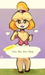  animal_crossing anthro breasts canid canine canis clothed clothing domestic_dog female flat_chested footwear hair hair_bun hi_res isabelle_(animal_crossing) mammal nintendo open_clothing open_mouth open_shirt open_topwear revealing_breasts shih_tzu shirt shoes smile solo speech_bubble text tofuuu topwear toy_dog wide_hips 