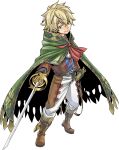  1boy ascot black_gloves blonde_hair boots brown_footwear brown_pants cloak full_body gate_of_nightmares gloves green_cloak green_eyes highres holding holding_sword holding_weapon looking_at_viewer mashima_hiro official_art oliver_(gate_of_nightmares) pants rapier red_ascot short_hair simple_background solo sword transparent_background two-tone_pants weapon white_pants 