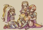  3girls :d armor brown_hair cape closed_mouth eyewear_on_head facial_mark full_body gloves halloween long_hair midriff misono_mitama multiple_girls navel open_mouth pantyhose phia_mell pointy_ears ponytail precis_neumann pump red_eyes red_hair relia_(star_ocean) short_hair simple_background skirt smile star_ocean star_ocean_anamnesis star_ocean_first_departure star_ocean_integrity_and_faithlessness star_ocean_the_second_story tail white_background 
