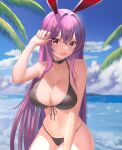  1girl absurdres animal_ears bikini black_bikini blush breasts cleavage collarbone crescent_moon day highres large_breasts light_purple_hair long_hair looking_at_viewer moon nail_polish nature navel ocean open_mouth outdoors palm_leaf palms purple_hair rabbit_ears rabbit_girl red_eyes reisen_udongein_inaba solo sweat swimsuit touhou very_long_hair 