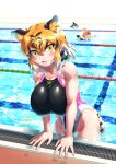  &gt;_&lt; 3girls animal_ear_fluff animal_ears arm_support artist_logo black_hair blonde_hair blue_hair blush breasts brown_hair climbing collarbone common_dolphin_(kemono_friends) competition_swimsuit dhole_(kemono_friends) dog_ears dog_girl dog_tail dorsal_fin extra_ears fang fangs fingernails fins groin hair_between_eyes hanging_breasts head_fins highleg highleg_swimsuit highres huge_breasts japari_symbol kemono_friends kemono_friends_3 leaning_forward looking_at_another looking_at_viewer medium_hair mikan_toshi multicolored_hair multiple_girls nail_polish one-piece_swimsuit open_mouth orange_hair partially_submerged pink_nails pool poolside shiny_clothes skindentation solo_focus swimming swimsuit tail tiger_(kemono_friends) tiger_ears tiger_girl tiger_tail twitter_username water wet wet_clothes wet_face wet_hair wet_swimsuit white_hair yellow_eyes 