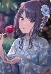  1girl :o absurdres black_hair blue_kimono blurry blurry_background blush bokeh breasts candy candy_apple commentary_request depth_of_field floral_print food hair_bun highres holding holding_candy holding_food idolmaster idolmaster_shiny_colors japanese_clothes kazano_hiori kimono looking_at_viewer mole mole_under_mouth momomoi_momoi outdoors purple_eyes sidelocks single_hair_bun small_breasts solo upper_body yukata 