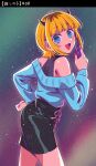  1girl black_horns black_skirt blonde_hair blue_eyes blue_sweater blunt_bangs cellphone commentary_request halterneck highres horns looking_at_viewer memcho momoshiomomo off-shoulder_sweater off_shoulder oshi_no_ko pencil_skirt phone short_hair skirt smartphone solo sweater 