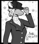  ambiguous_gender anthro arc_rose clothed clothing coat digital_drawing_(artwork) digital_media_(artwork) ear_piercing ear_ring greyscale hair hat headgear headwear looking_at_viewer mammal monochrome murid murine pattern_background piercing rat ring_piercing rodent simple_background star-shaped_background suit_jacket sweater tipping_hat topwear turtleneck white_hair 