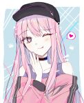  1other akiyama_mizuki androgynous baseball_cap black_choker black_headwear blush bokutachi_no_seizon_tousou_(project_sekai) choker commentary dot_nose english_commentary fingernails hair_down hand_up hat heart highres long_hair long_sleeves official_alternate_costume official_alternate_hairstyle one_eye_closed paw_print pink_eyes pink_hair project_sekai spoken_heart tongue tongue_out upper_body vmtpzk 