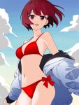  1girl arima_kana belly bikini blue_jacket blue_sky bob_cut bokutaaaa cloud cloudy_sky happy highres inverted_bob jacket looking_at_viewer open_clothes open_jacket open_mouth oshi_no_ko red_bikini red_eyes red_hair short_hair sky smile solo swimsuit 