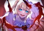  1girl blonde_hair blood blood_on_clothes blood_on_face blood_on_hands blue_eyes blush bow breasts choker cross demon_wings dress fangs fingernails frilled_dress frills gloves hair_between_eyes hair_bow hime_hajime large_breasts long_hair looking_at_viewer one_side_up open_mouth puffy_short_sleeves puffy_sleeves reaching reaching_towards_viewer red_wings sharp_fingernails short_sleeves smile solo thick_eyebrows tongue ursn_e very_long_fingernails virtual_youtuber vshojo white_background white_bow white_choker white_dress white_gloves white_headdress wings 