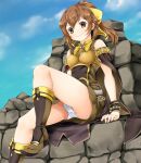  1girl ashita_yaru black_cape black_footwear blue_sky boots bow bracelet breasts brown_cape brown_dress brown_eyes brown_footwear brown_hair cape closed_mouth cloud delthea_(fire_emblem) dress fire_emblem fire_emblem_echoes:_shadows_of_valentia hair_between_eyes hair_bow jewelry knee_boots outdoors panties pantyshot ponytail short_dress short_hair sitting sky sleeveless sleeveless_dress small_breasts smile solo thighs two-sided_fabric two-tone_cape two-tone_footwear underwear white_panties yellow_bow 