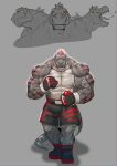  2021 abs absurd_res anthro barazoku biceps bottomwear boxing boxing_gloves boxing_shorts chin_scar clothing deltoids dinosaur eye_scar facial_scar flexor_carpi grey_background grey_body grey_scales grin hair handwear hi_res husky_(artist) koreanhusky looking_at_viewer luter_maximus male multicolored_body multicolored_scales muscular muscular_anthro muscular_male muscular_thighs nipples open_mouth pattern_clothing pesc red_hair red_stripes reptile scales scalie scar shorts simple_background smile solo sport striped_body striped_clothing striped_scales stripes theropod triceps two_tone_body two_tone_scales tyrannosaurid tyrannosaurus tyrannosaurus_rex vein veiny_muscles x_scar yell yellow_eyes 