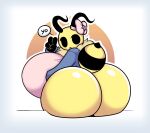  annabee_(woebeeme) antennae_(anatomy) anthro arthropod arthropod_abdomen bee big_breasts big_butt bow_ribbon breasts butt butt_focus clothing dewy-eyedboy dialogue female gesture hi_res huge_breasts huge_butt hymenopteran hyper hyper_breasts hyper_butt insect looking_at_viewer looking_back open_mouth rear_view shirt simple_background simple_eyes sitting solo speech_bubble text topwear v_sign yellow_body 