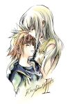  2boys black_hood black_jacket brown_hair chain_necklace closed_eyes copyright_name eguana english_text high_collar hood hood_down jacket jewelry kingdom_hearts kingdom_hearts_ii kiss kissing_forehead long_hair male_focus multiple_boys necklace open_clothes open_jacket parted_lips riku_(kingdom_hearts) short_hair simple_background sleeveless sora_(kingdom_hearts) spiked_hair vest white_background white_hair yaoi 