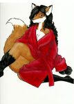  anthro black_hair breasts brown_body brown_fur canid canine chibifox cleavage clothed clothing dipstick_ears dipstick_tail female fox fur hair leg_markings looking_at_viewer mammal markings multicolored_ears red_clothing red_fox red_robe robe simple_background socks_(marking) solo tail tail_markings white_background 
