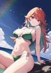  1girl absurdres arm_support bare_arms bare_shoulders bikini bird blue_sky breasts choker cleavage cloud colored_inner_hair commentary day earrings english_commentary feather_earrings feathers green_bikini green_choker green_hair highres hololive hololive_english horizon jewelry large_breasts light_blush long_hair looking_at_viewer multicolored_hair navel ocean orange_hair outdoors purple_eyes seagull side-tie_bikini_bottom signature sitting sky smile solo stomach sunlight swimsuit takanashi_kiara thighs virtual_youtuber water zeiss 