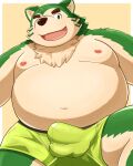  2023 anthro balls_outline belly big_belly bulge canid canine canis clothing domestic_dog genital_outline green_body guratan_wa hi_res kemono lifewonders live_a_hero male mammal mokdai moobs navel nipples overweight overweight_male penis_outline solo underwear 