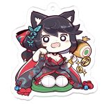  1girl animal_ear_fluff animal_ears azur_lane black_hair black_kimono black_sash blush_stickers breasts butterfly_hair_ornament chibi cleavage commentary_request full_body fusou_(azur_lane) hair_ornament hair_ribbon hand_up himajin_(fd_jin) holding holding_mallet japanese_clothes keychain kimono looking_at_viewer mallet obi open_mouth paw_pose print_kimono red_ribbon ribbon ribbon-trimmed_kimono ribbon_trim sash seiza short_hair simple_background sitting smile solo sparkle split_mouth tassel thighhighs transparent_background white_eyes white_thighhighs wide_sleeves 