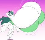  angstrom big_breasts breasts clothing dress female gardevoir generation_3_pokemon green_hair hair hands_behind_head hi_res huge_breasts humanoid hyper hyper_breasts long_hair nintendo not_furry pokemon pokemon_(species) smile solo thick_thighs white_body 