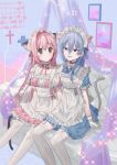  2girls :d animal_ears apron blue_choker blue_dress blue_eyes blue_hair blush breasts cat_ears cat_girl cat_tail chihuri choker closed_mouth collarbone commentary_request couch crescent dress ende_(chihuri) english_commentary feet_out_of_frame frilled_apron frills garter_straps gloves hair_between_eyes hair_intakes highres kemonomimi_mode long_hair maid_apron maid_headdress medium_breasts multiple_girls nea_(chihuri) on_couch original pink_dress pink_hair puffy_short_sleeves puffy_sleeves purple_eyes short_sleeves sitting smile tail thighhighs very_long_hair white_apron white_gloves white_thighhighs 