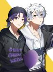  2boys 58hrprtr black_eyes black_hoodie black_jacket blue_lock closed_mouth cowboy_shot english_text hair_ornament hairpin highres hood hood_down hoodie jacket looking_at_viewer male_focus mikage_reo multiple_boys nagi_seishirou ponytail purple_eyes purple_hair short_hair short_ponytail smile standing two-tone_background white_background white_hair white_hoodie yellow_background 