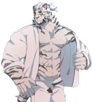  1boy abs absurdres animal_ears arknights bara bare_pectorals black_male_underwear blue_eyes facial_hair feet_out_of_frame furry furry_male goatee high_ponytail highres kimagureuso large_hands large_pectorals looking_at_viewer male_focus male_underwear male_underwear_peek mountain_(arknights) mountain_(book_reader)_(arknights) muscular muscular_male nipples official_alternate_costume open_clothes open_fly open_shirt opened_by_self pants pectorals scar scar_across_eye scar_on_arm short_hair solo sparse_navel_hair stomach tail thick_eyebrows tiger_boy tiger_ears tiger_tail turning_head underwear undressing white_hair white_pants 