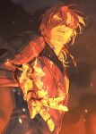  1boy brown_eyes brown_hair cigarette colorful embers facial_hair fire glasses gregor_(limbus_company) highres limbus_company male_focus mechanical_arms part_7 ponytail project_moon smoke 