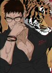  1boy bara black_hair black_nails black_shirt bracelet chest_hair collared_shirt copyright_request covered_collarbone glasses jewelry looking_at_viewer male_focus nail_polish pectoral_cleavage pectorals petting shirt solo tiger upper_body yan_(bltyann) yellow_eyes 