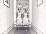  2girls animal_ears apron armband daikokuten_(fate) dress fate/grand_order fate_(series) greyscale hat highres holding_hands long_dress monochrome mouse_ears mouse_tail multiple_girls nurse_cap parody smile ssm_chan_009 tail the_shining twintails 