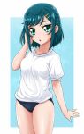  1girl blue_background blue_buruma blue_hair blush breasts buruma delicious_party_precure dengeki_gx fuwa_kokone green_eyes gym_shirt gym_uniform highres looking_at_viewer open_mouth precure shirt short_hair short_sleeves small_breasts solo white_background white_shirt 