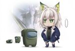  ... 1girl :&lt; absurdres among_us animal_ear_fluff animal_ears arknights black_scarf blue_jacket blue_shorts boots cat_ears cat_girl chibi closed_mouth commentary crewmate_(among_us) english_commentary green_eyes highres jacket kal&#039;tsit_(arknights) kal&#039;tsit_(remnant)_(arknights) official_art_inset scarf short_hair shorts spoken_ellipsis thokuma white_background white_hair 