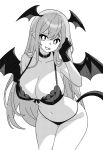  1girl belt_collar bra breasts bright_pupils cleavage collar commentary_request cowboy_shot demon_girl demon_tail demon_wings gloves greyscale hair_between_eyes head_wings huge_breasts koakuma leaning_forward long_bangs long_hair looking_at_viewer monochrome navel onkn_sxkn open_mouth panties pointy_ears simple_background smile solo tail thigh_gap touhou underwear underwear_only wings 