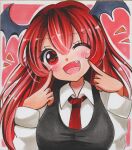  1girl black_vest blush breasts collared_shirt hair_between_eyes head_tilt head_wings koakuma long_hair looking_at_viewer maccha_xxxxxx marker_(medium) medium_breasts necktie one_eye_closed open_mouth red_background red_eyes red_hair red_necktie shirt simple_background solo touhou traditional_media upper_body vest white_shirt wings 