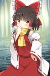  1girl absurdres bare_shoulders blush bow brown_eyes brown_hair chest_sarashi detached_sleeves e.o. hair_bow hair_tubes hakurei_reimu highres japanese_clothes long_hair looking_at_viewer nontraditional_miko open_mouth outdoors red_bow red_skirt ribbon-trimmed_sleeves ribbon_trim sarashi scarf sidelocks skirt solo touhou white_sleeves wide_sleeves yellow_scarf 