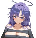 1girl absurdres alternate_costume black_sweater blue_archive blue_eyes breasts cleavage collarbone dubeaduver halo highres kazami_yuuka large_breasts long_hair mechanical_halo messy_hair purple_hair simple_background solo sweat sweater upper_body white_background yuuka_(blue_archive) 