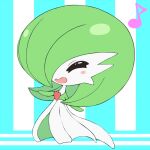  1girl ^_^ asairosora blue_background blush blush_stickers bob_cut chibi closed_eyes colored_skin commentary_request flat_chest flat_color full_body gardevoir green_hair green_skin hair_over_one_eye happy multicolored_skin musical_note one_eye_covered open_mouth pokemon pokemon_(creature) short_hair smile solo standing striped striped_background two-tone_skin white_skin 