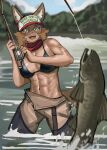  1girl abs absurdres animal_ears bikini brown_hair ezzyecchi fangs fish fishing hat highres lake meme multiple_scars muscular muscular_female original scar solo swimsuit tail tan toned water women_want_me_fish_fear_me_(meme) yellow_eyes 