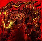  1boy artist_name breathing_fire claws clive_rosfield clive_rosfield_(cosplay) cosplay fangs final_fantasy final_fantasy_xvi fire glowing glowing_eyes highres horns ifrit_(final_fantasy) monochrome monster_boy red_background sharp_teeth solo sul-ponticello teeth upper_body 
