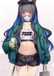  1girl absurdres bag beret black_hair black_headwear black_shorts blue_hair breasts camisole choker clothes_writing collarbone colored_inner_hair crop_top cup disposable_cup drinking_straw eyeliner fate/grand_order fate_(series) green_jacket grey_eyes hat highres jacket long_hair long_sleeves looking_at_viewer makeup multicolored_hair navel open_clothes open_jacket round_eyewear shopping_bag shorts sidelocks small_breasts solo sunglasses tenochtitlan_(fate) thighs ura_illust wavy_hair white_camisole 