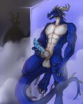  anthro blue_body blue_penis blue_scales claws dragon facial_horn fog genitals grey_claws grey_horn grey_penis hi_res horn knot male neverneverland nose_horn penis scales scalie shower solo white_body white_scales 
