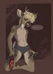  anthro blonde_hair blood blood_from_mouth blood_in_mouth bodily_fluids brown_body brown_fur bucklucky clothed clothing deer full-length_portrait fur gore hair hi_res kneeling lucky_(bucklucky) male mammal narrowed_eyes portrait self_harm signature solo spotted_shoulders topless 
