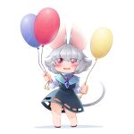  1girl animal_ears balloon bbb_(33kudo) blue_capelet blush capelet commentary_request crystal eyes_visible_through_hair flat_chest full_body grey_hair grey_panties grey_skirt grey_vest hair_between_eyes highres holding holding_balloon jewelry long_sleeves looking_at_viewer medium_bangs mouse_ears mouse_girl mouse_tail nazrin open_mouth panties pendant red_eyes shirt short_hair simple_background skirt smile solo standing tail touhou underwear vest white_background white_shirt 