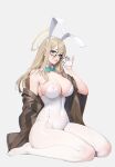  1girl adjusting_eyewear akane_(blue_archive) akane_(bunny)_(blue_archive) animal_ears blonde_hair blue_archive bobobong breasts cleavage covered_nipples curvy fake_animal_ears full_body glasses gloves half_gloves halo highres large_breasts leotard long_hair looking_at_viewer open_clothes pantyhose playboy_bunny rabbit_ears see-through simple_background sitting solo white_background white_leotard white_pantyhose yokozuwari 