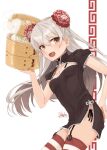  1girl adapted_costume alakoala amatsukaze_(kancolle) artist_name black_dress blush bun_cover china_dress chinese_clothes cowboy_shot dated dress dumpling fang food grey_hair highres holding kantai_collection long_hair open_mouth signature skin_fang smile solo striped striped_thighhighs thighhighs yellow_eyes 