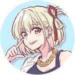 1girl akamirai blonde_hair chain circle earrings gold_chain jewelry looking_at_viewer lycoris_recoil necklace nishikigi_chisato portrait red_eyes red_ribbon ribbon short_hair single_earring smile tongue tongue_out 