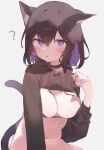  1girl ? animal_ear_fluff animal_ears bikini black_bikini blush bottomless brown_hair brown_jacket cat_ears cat_girl cat_tail colored_inner_hair heart heart-shaped_pupils highres jacket jacket_lift long_hair long_sleeves looking_at_viewer multicolored_hair o_(jshn3457) open_mouth original parted_lips purple_eyes purple_hair short_hair solo swimsuit symbol-shaped_pupils tail 
