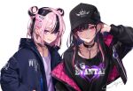  2girls baseball_cap black_collar black_hair black_headwear blue_jacket chain chimachi collar commentary_request double_bun drawstring ear_piercing earrings grin hair_bun hair_ornament hairclip hand_in_pocket hand_up hat highres hood hood_down hooded_jacket jacket jewelry long_hair long_sleeves looking_at_viewer mismatched_earrings multicolored_hair multiple_girls off_shoulder open_clothes open_jacket original parted_lips piercing pink_eyes pink_hair print_headwear print_shirt purple_eyes purple_shirt shirt short_hair signature simple_background smile streaked_hair twitter_username two-sided_fabric two-sided_jacket upper_body white_background zipper 