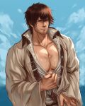  1boy absurdres adventurer_(ff14) bara blue_eyes brown_hair brown_jacket clothes_pull cloud day facial_hair final_fantasy final_fantasy_xiv highres hyur jacket koji_henrik large_pectorals male_focus muscular muscular_male outdoors pectorals shirt shirt_pull short_hair sky smile solo sweat upper_body warrior_of_light_(ff14) white_shirt 