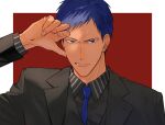  1boy aomine_daiki black_shirt black_suit blue_eyes blue_hair blue_necktie border collared_shirt formal hand_on_own_forehead highres kuroko_no_basuke long_sleeves looking_at_viewer male_focus mirin_(coene65) necktie parted_lips portrait red_background shirt solo suit tan white_border 