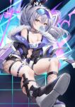  1girl absurdres ankle_holster bandaid bandaid_on_leg breasts chewing_gum choker cleavage crop_top crossed_bangs fishnets full_body fur-trimmed_jacket fur_trim glint grey_eyes grey_hair highres honkai:_star_rail honkai_(series) jacket knife long_hair looking_at_viewer midriff navel off_shoulder ponytail short_shorts shorts silver_wolf_(honkai:_star_rail) sitting small_breasts solo stomach strap_slip taitai thigh_strap thighs 